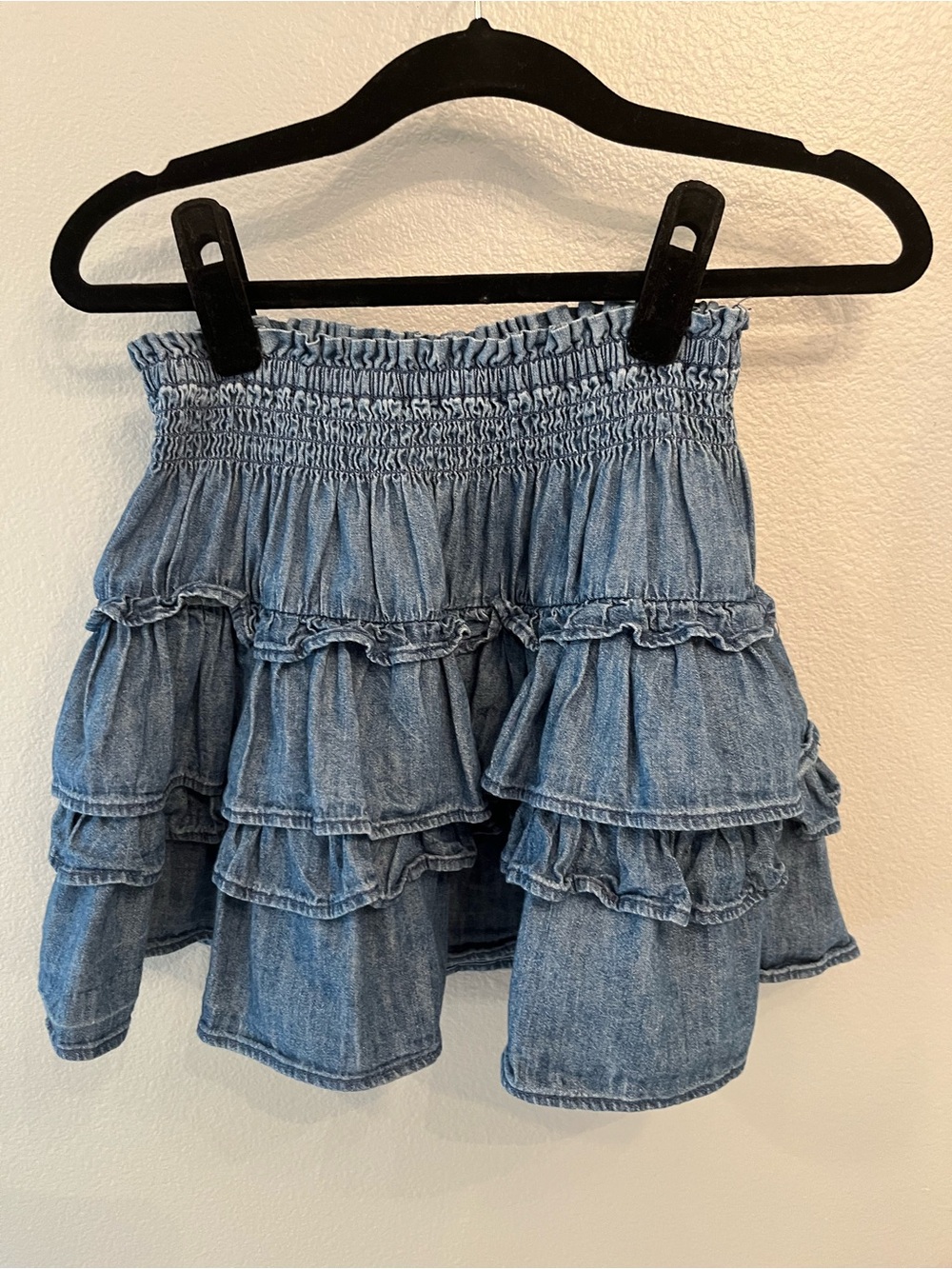 LoveShackFancy x Gap Smocked Tiered Denim Mini Skirt